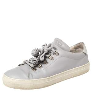Pre Owned Tod's Grey Leather Tassel Trim Low Top Sneakers Size 38.5