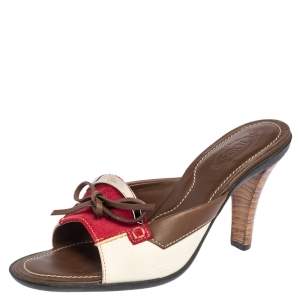 Tod's Tri Color Leather and Suede Bow Slide Sandals Size 37.5