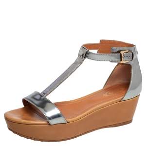 Tod's Silver Patent Leather T-Strap Wedge Platform Ankle Strap Sandals Size 36.5