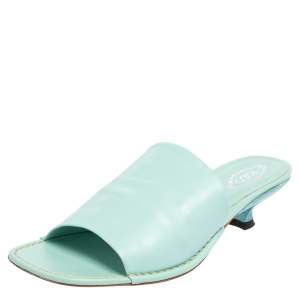 Tod's Light Blue Leather Kitten Heel Slide Sandals Size 39