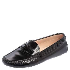 Tod's Black Glossy Leather Whip Stitch Detail Penny Slip On Loafers Size 36