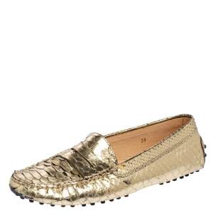 Tod's Gold Python Leather Penny Slip On Loafers Size 39
