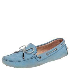 Tod's Blue Nubuck Leather Slip On Cord Bow Loafers  Size 39
