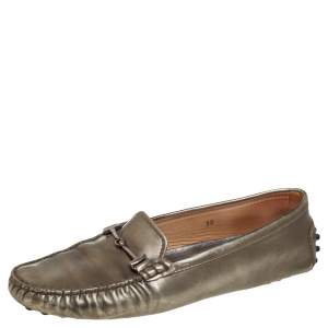 Tod's Metallic Bronze Leather T-Buckle Slip On  Loafers Size 38