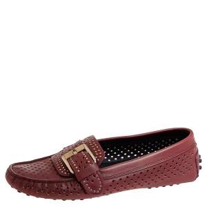 Tod's Burgundy Leather Studded Cut Out Buckle Detail Loafers Size 36.5