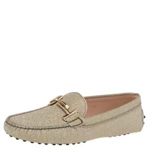 Pre Owned Tod's Gold Glitter Double T Slip On Loafers Size 39.5