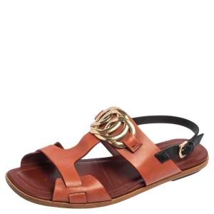 Tod's Brown Leather T-Strap Buckle Detail Flat Sandals Size 38