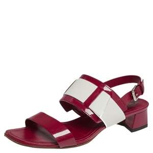 Tod's Red/White  Patent And Leather Block Heel Slingback Sandals Size 38.5