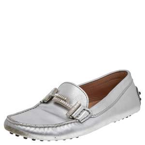 Tod's Silver Leather Slip on Loafers Size 36