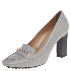 Tod's Grey Leather Block Heel Loafer Pumps Size 36.5 