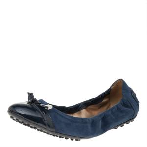 Tod's Navy Blue Suede And Patent Leather Trim Toe Cap Scrunch Ballet Flats Size 36.5