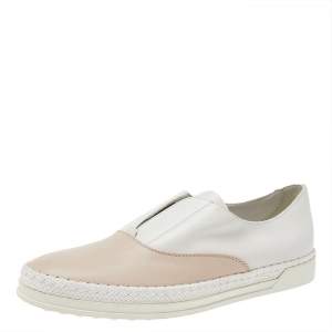 Tod's Peach/White Leather Francesina Slip On Espadrille Sneakers 39.5
