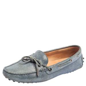 مملوكة مسبقًا Tod's Blue Suede Driver Penny Slip On Loafers Size 38