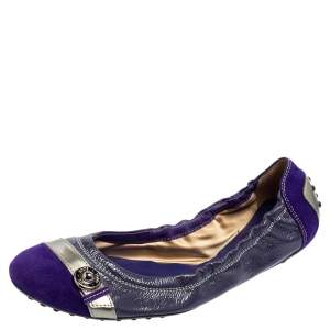 Tod's Purple Suede  And Patent Leather Cap Toe Buckle Detail Scrunch Ballet Flats Size 41