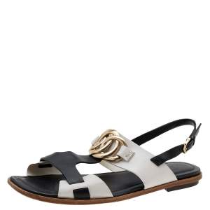 مملوكة مسبقًا Tod's Black/White Leather Embellished Flat Sandals Size 39.5