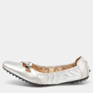 Tod's Metallic Silver Leather Scrunch Ballet Flats Size 37.5
