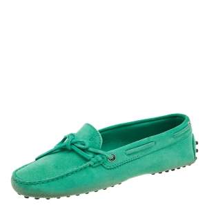 Pre Owned Tod's Green Suede Bow Slip On Loafers Size 38
