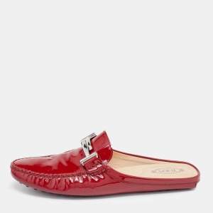 Tod's Red Patent Leather Double T Flat Loafer Mules Size 40