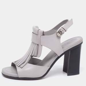 Tod's Grey Leather Fringe Detail Ankle Strap Sandals Size 37