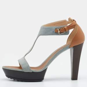 Tod's Grey/Beige Suede And Leather T-Strap Platform Sandals Size 40