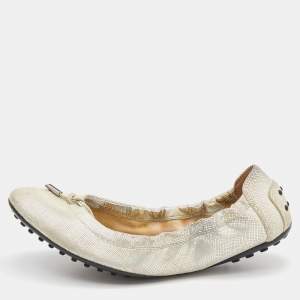 Tod's Silver Textured Nubuck Leather Bow Scrunch Ballet Flats Size 39.5