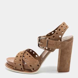 Tod's Brown Perforated Suede Block Heel Sandals Size 40