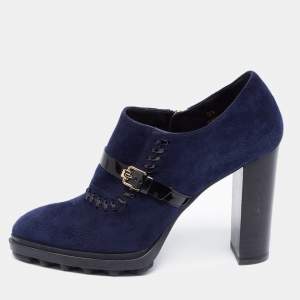Tod's Navy Blue/Black Suede And Patent Leather Whipstitch Detail Ankle Booties Size 39