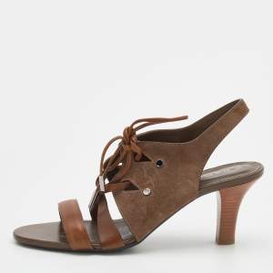 Tod's Brown Leather and Suede Lace Up Slingback Sandals Size 39