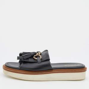 مملوكة مسبقًا Tod's Black Leather Tassel Fringe Detail Platform Slide Sandals Size 39
