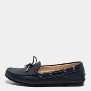Pre Owned Tod's Navy Blue Leather Bow Slip On Loafers Size 38.5