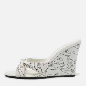 Tod's White Printed Leather Bow Detail Wedge Sandals Size 37