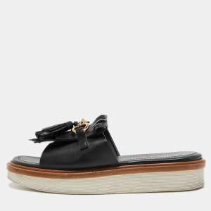 Tod's Black Leather Tassel Fringe Detail Platform Slide Sandals Size 38