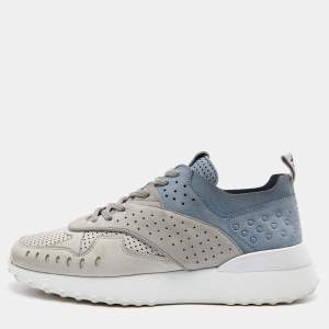 Tod's Grey/Blue Nubuck Leather Perforated Low Top Sneakers Size 39