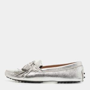 Pre Owned Tod's Metallic Silver Leather Fringe Tassel Details Slip On Loafers Size 39