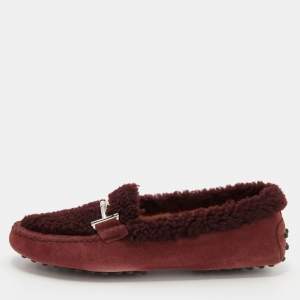 Tod's Burgundy Shealing Fur and Suede Double T Slip On Loafers Size 39