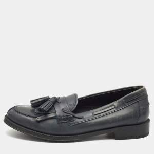 Tod's Dark Grey Leather Tassel Bow Fringe Detail Loafers Size 37.5 