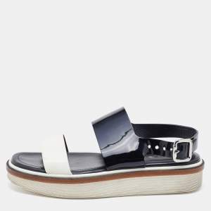 Tod's Black/White Patent Leather Slingback Flat Sandals Size 37.5