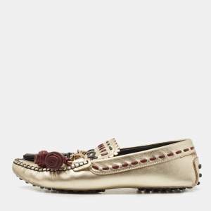 Pre Owned Tod's Gold Leather Fringe and Chain Slip On Loafers Size 38