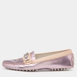 Pre Owned Tod's Metallic Purple/Beige Patent and Leather Buckle Loafers Size 39