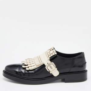 Pre Owned Tod's Black/Cream Leather Fringes Buckle Oxford Size 39