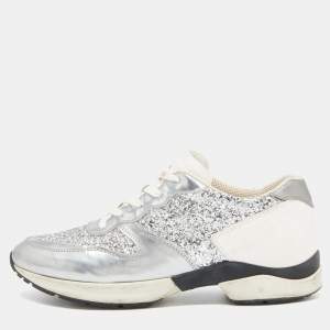 Pre Owned Tod's Metallic Silver Glitter And Leather Sportivo Lace Up Sneakers Size 38.5