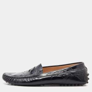 Tod's Black Croc Embossed Leather Penny Loafers Size 38