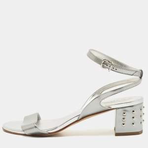Pre Owned Tod's Silver Foil Leather Studded Block Heel Ankle Strap Sandals Size 40