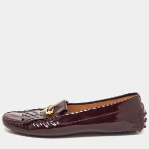 Pre Owned Tod's Plum Patent Leather Safety Pin Detail Fringe Loafers Size 40.5