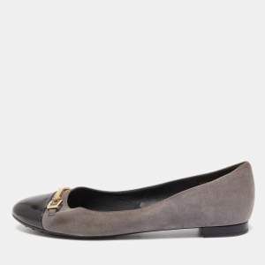 Tod's Grey/Black Suede And Patent Leather Cap Toe Buckle Ballet Flats Size 39.5