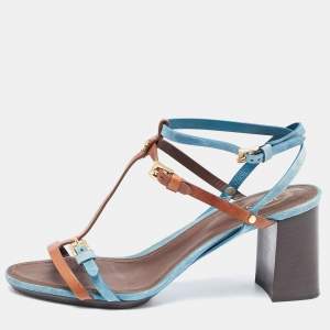 Tod's Blue/Brown Leather and Suede Buckle Cross Strap Sandals Size 39