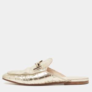 Pre Owned Tod's Metallic Gold Croc Embossed Leather Double T Mules Size 38