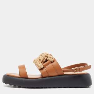 Tod's Brown Leather Blended Fabric Slingback Sandals Size 40