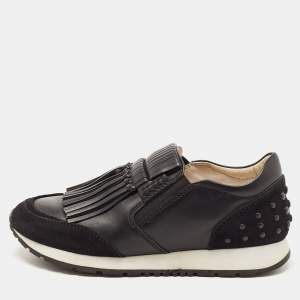 Pre Owned Tod's Black Suede and Leather Fringe Detail Slip On Sneakers Size 35.5
