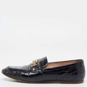 Tod's Black Croc Embossed Leather Gommino Double T Buckle Driver Loafers Size 37